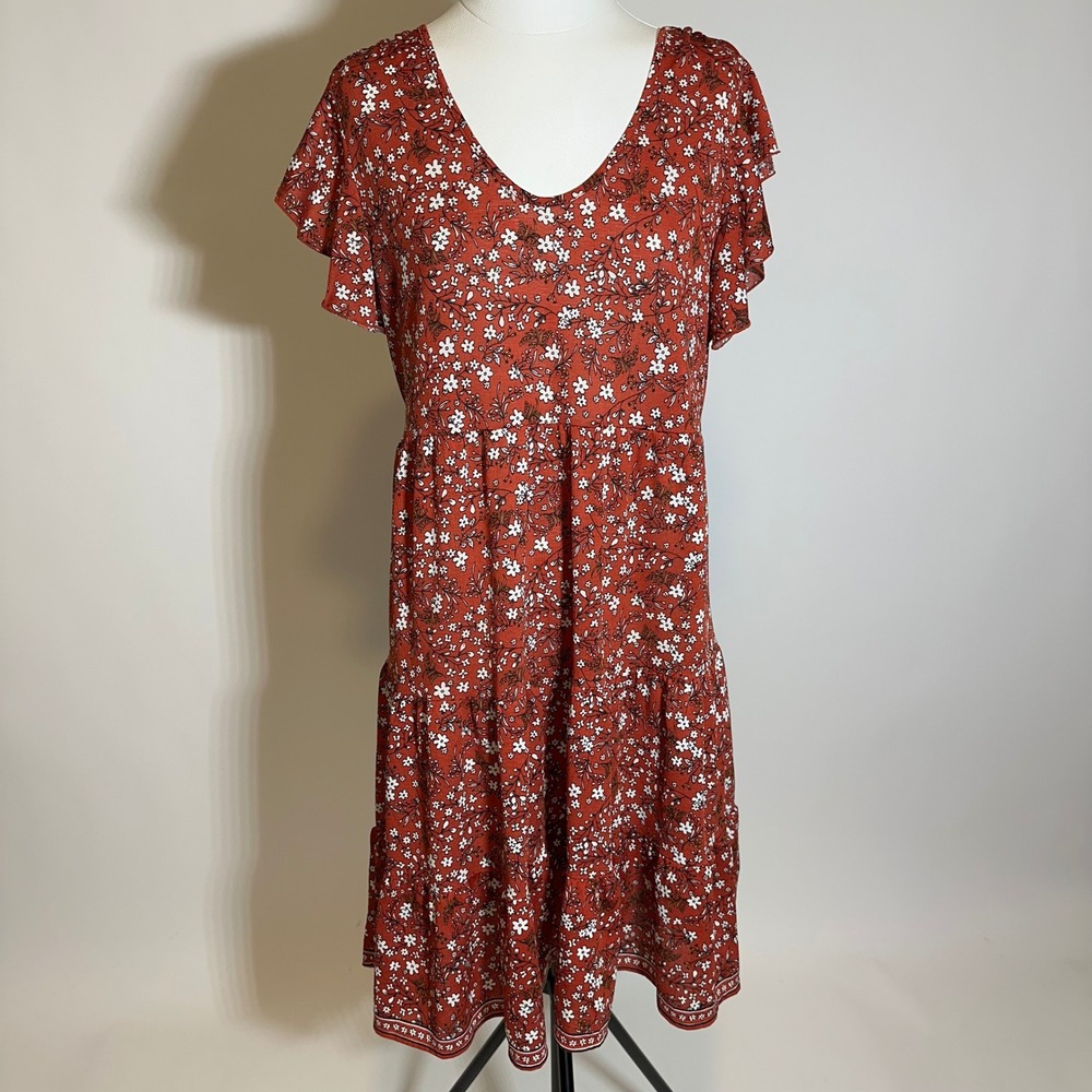Max Studio Burnt Orange Floral Flutter Sleeve Tiered Prairie Dress Womens Large